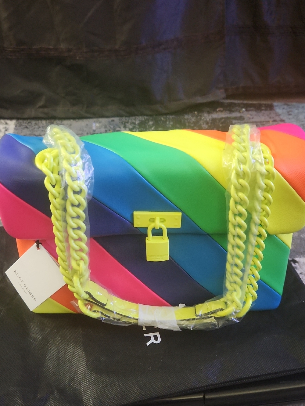 NWT  Kurt Geiger Rainbow Quilted Shoulder Bag with Neon Yellow Chain